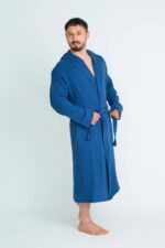 %100 Pamuk 4 Kat Müslin Unisex Kapüşonlu Bornoz - Lacivert - Görsel 5