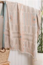 Kilim Mirası Jakarlı Dokuma Müslin Çok Amaçlı Şal & Throw – Turkuaz - Görsel 3